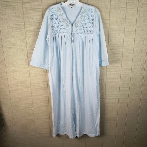 NWT Miss Elaine Zip Front Knit Robe Full Length Pale Blue Petite - Picture 1 of 6